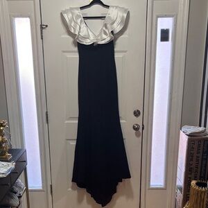 Vintage RARE Sherri Hill Elegant Black and White Ruffle High Low Gown, Size 10